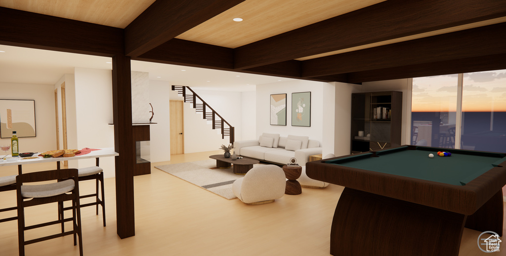Game room with pool table and wood ceiling
