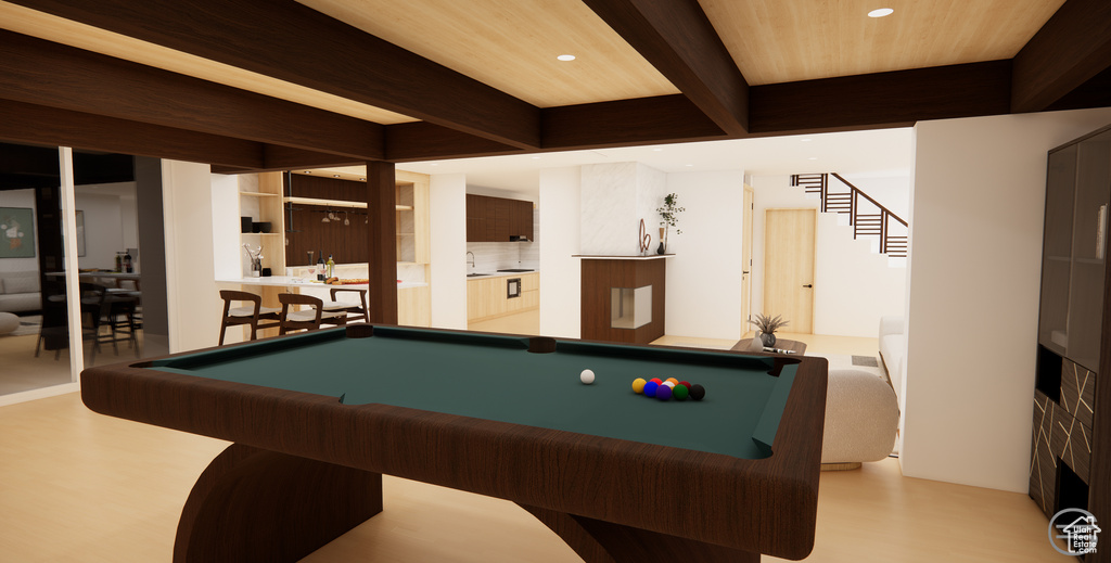 Playroom with beam ceiling, pool table, light hardwood / wood-style floors, and wood ceiling