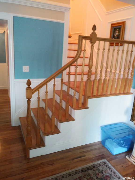 Stairs featuring crown molding and hardwood flooring