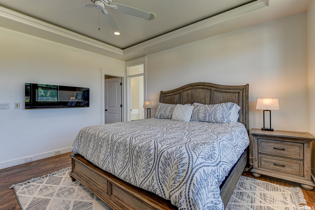 Bedroom featuring a tray ceiling, ceiling fan, and hardwood / wood-style flooring