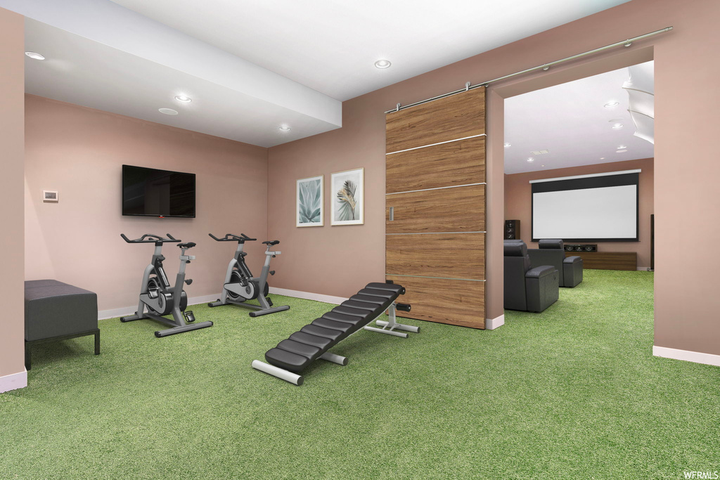 Exercise area featuring light carpet