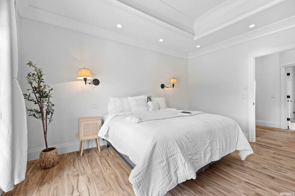 Bedroom with a tray ceiling and light hardwood floors