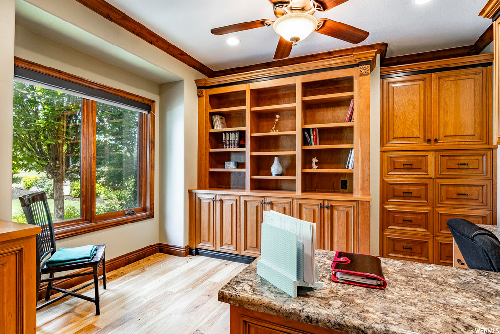Office space featuring ceiling fan and light hardwood flooring