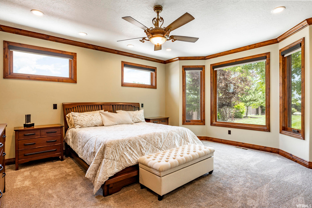 Bedroom with ornamental molding, multiple windows, a textured ceiling, ceiling fan, and light carpet
