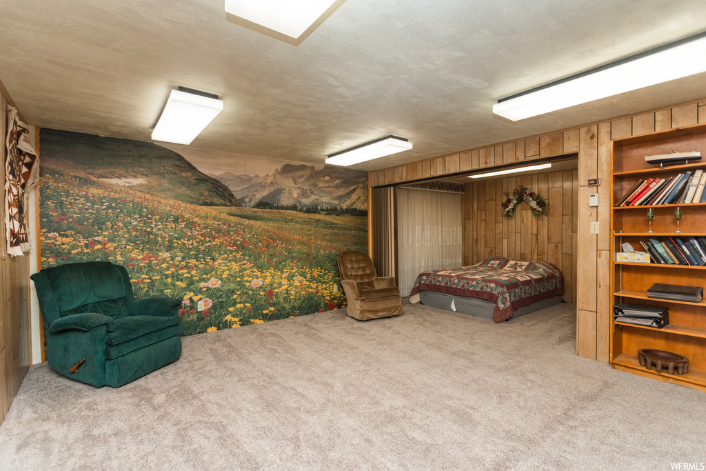 Basement featuring a textured ceiling, wood walls, and light carpet