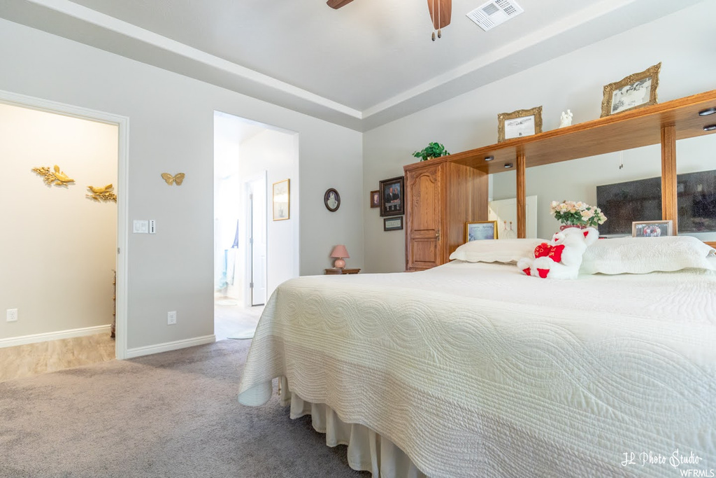Bedroom featuring light carpet and a tray ceiling