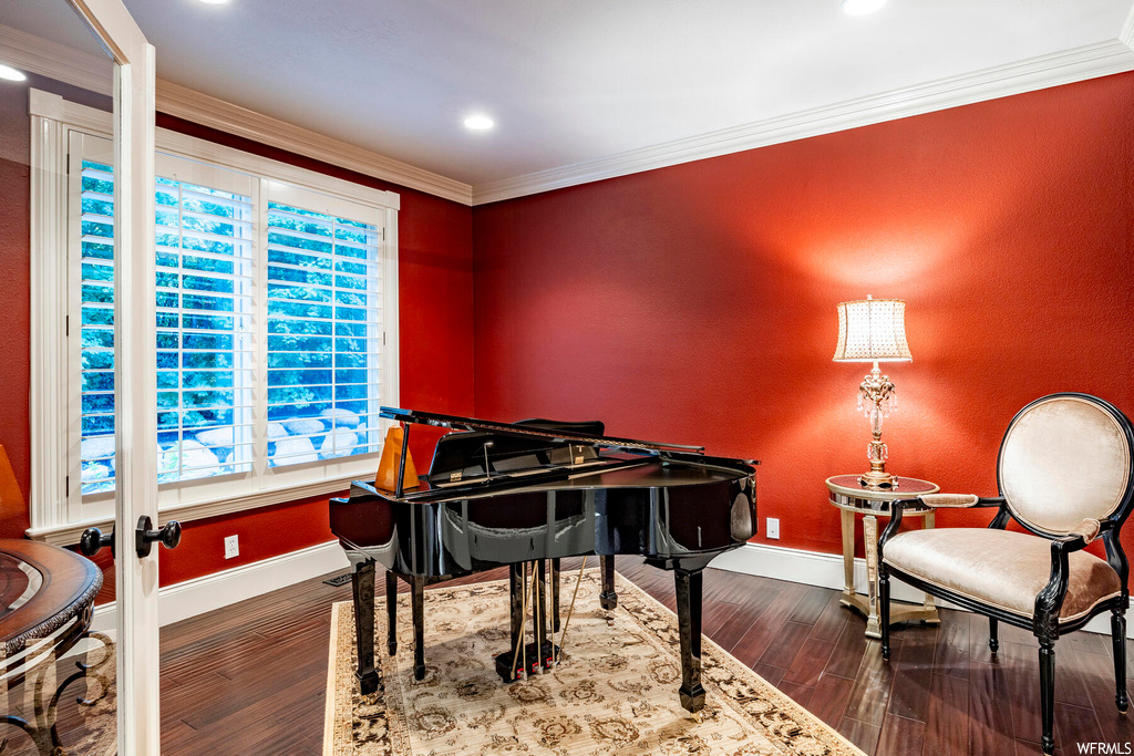 Miscellaneous room with plenty of natural light, dark parquet floors, and crown molding