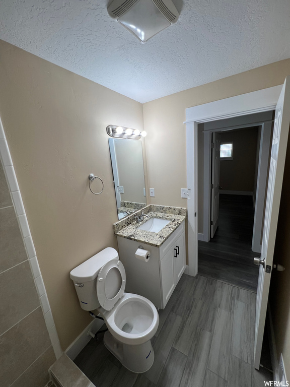 Bathroom featuring dark hardwood flooring, a textured ceiling, vanity, and mirror