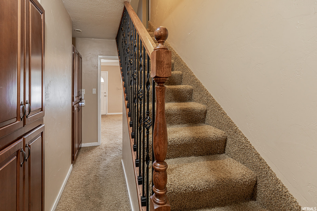 Stairway featuring light colored carpet and a textured ceiling