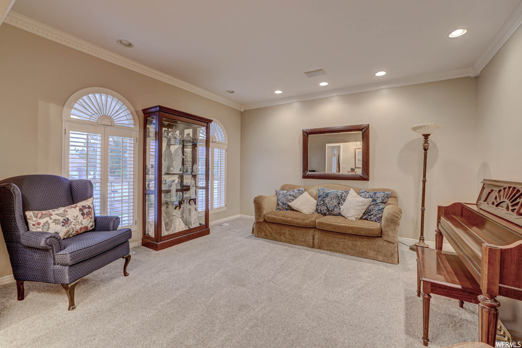 Living room featuring ornamental molding and light carpet