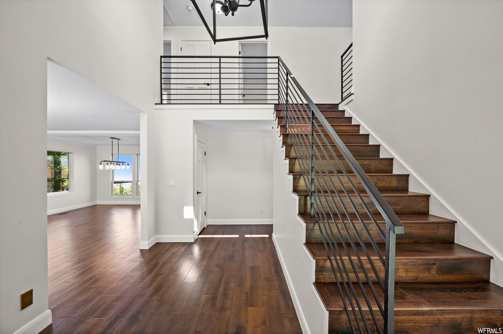 Stairway with dark hardwood flooring and a high ceiling