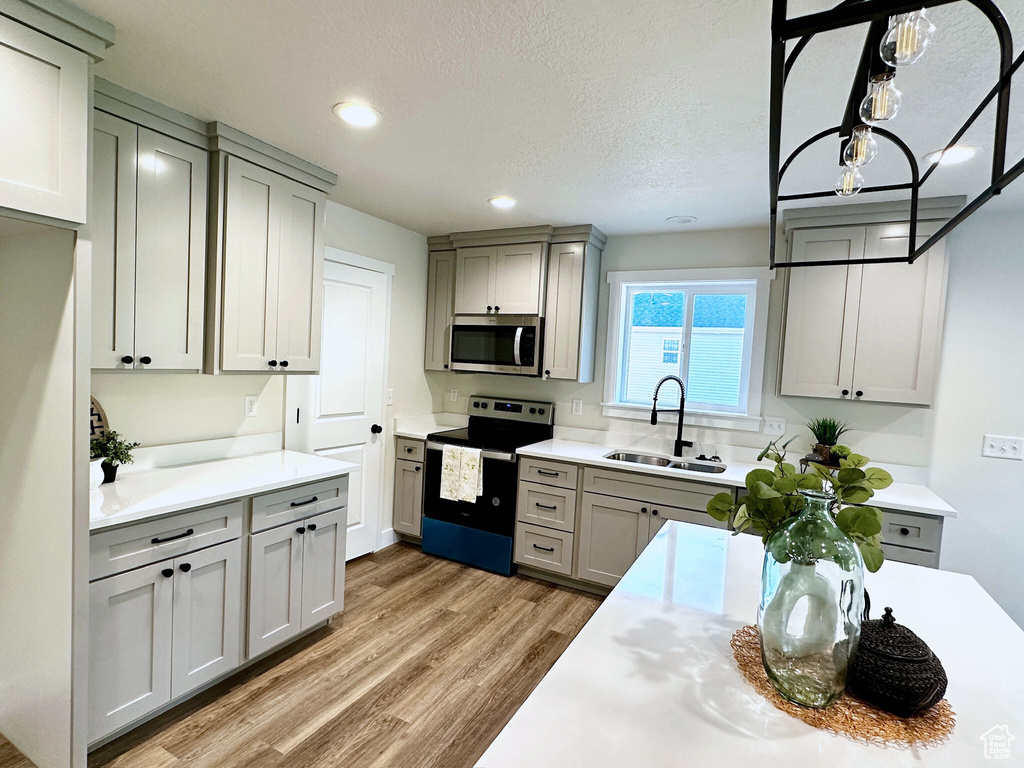 Kitchen featuring light hardwood / wood-style floors, sink, gray cabinetry, and stainless steel appliances