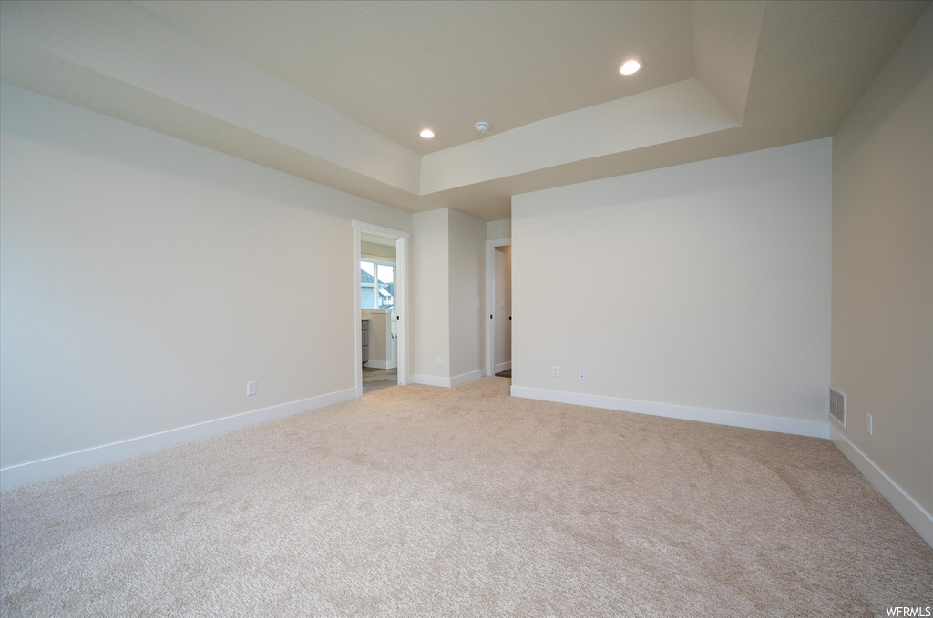 Spare room with a raised ceiling and light carpet