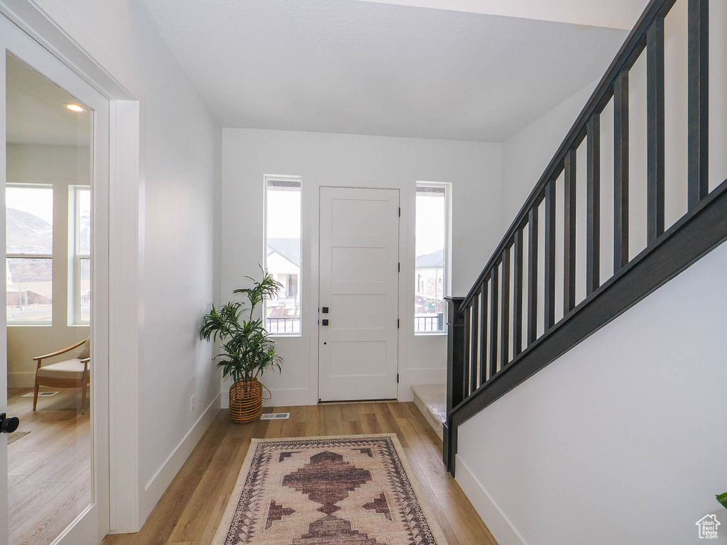 Foyer entrance with light hardwood / wood-style flooring