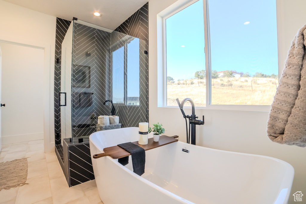 Bathroom with tile patterned flooring, independent shower and bath, a healthy amount of sunlight, and sink