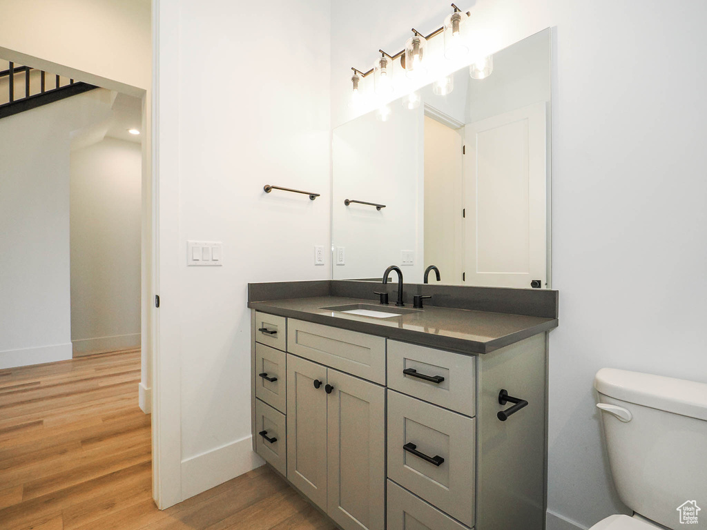 Bathroom with oversized vanity, toilet, and hardwood / wood-style flooring