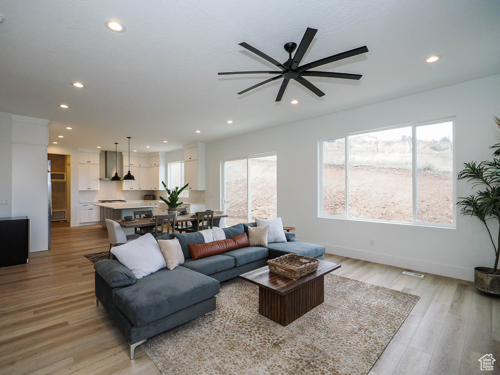 Living room with light wood-type flooring, a wealth of natural light, and ceiling fan