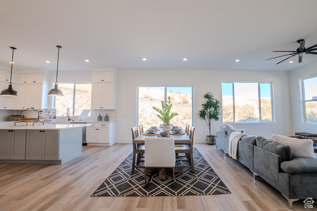 Dining area featuring ceiling fan, sink, and light hardwood / wood-style floors