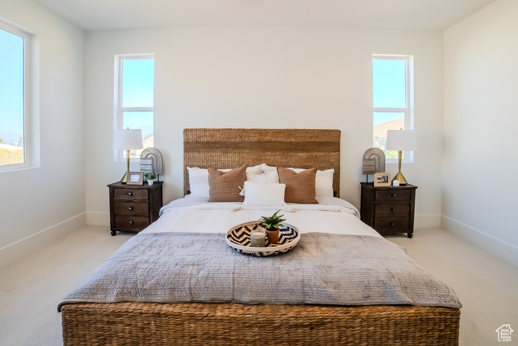 Carpeted bedroom with multiple windows