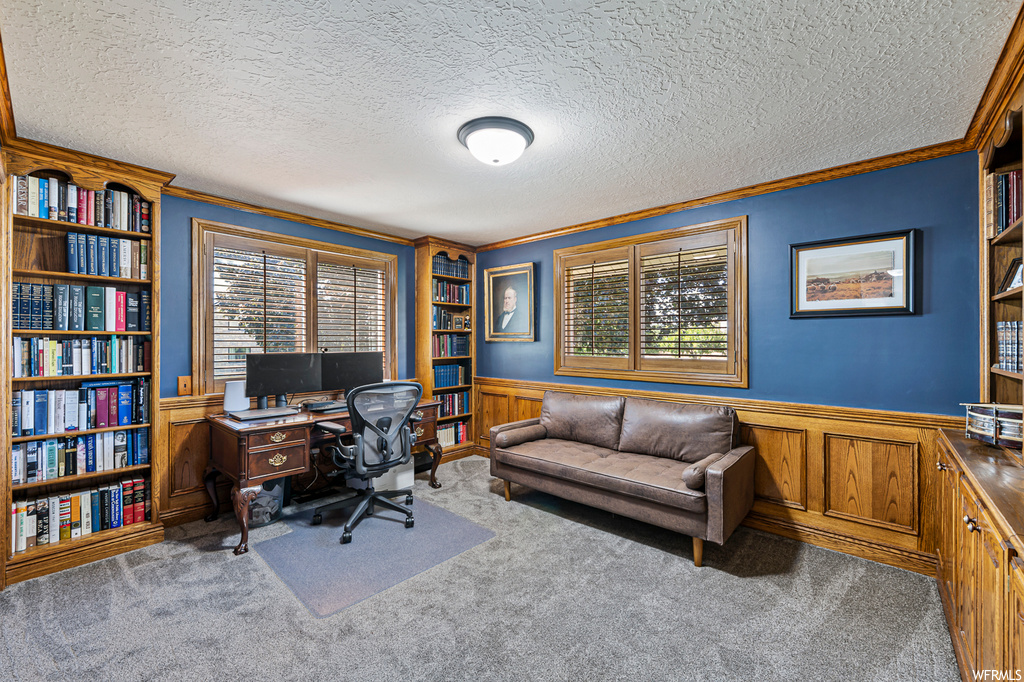 Home office with light carpet, built in shelves, ornamental molding, and a textured ceiling