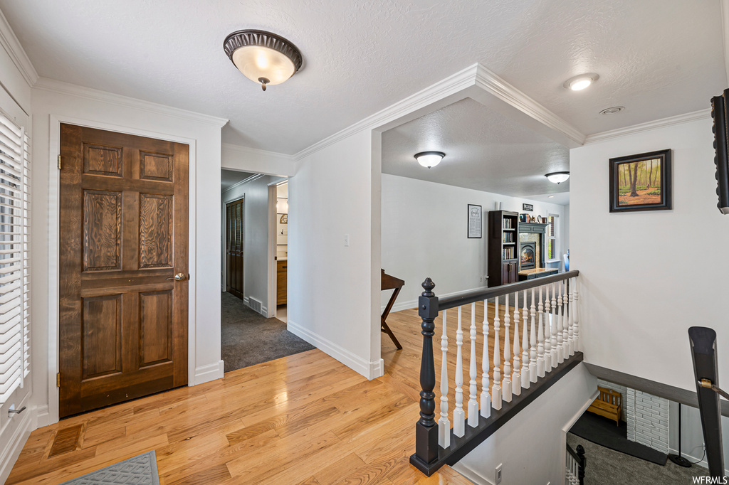 Foyer entrance featuring light parquet floors and ornamental molding