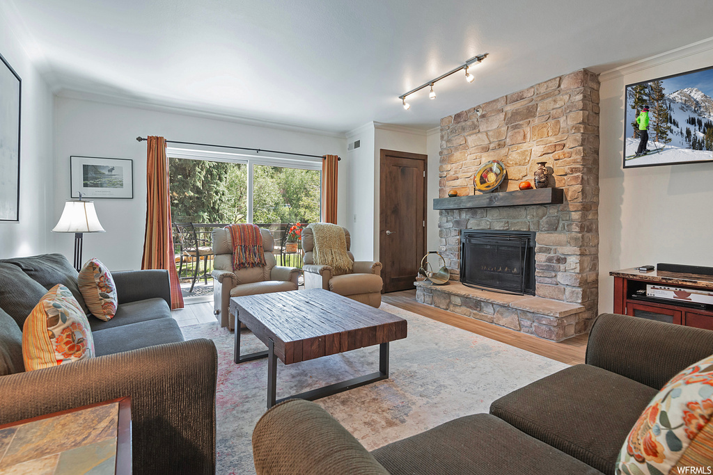 Living room with ornamental molding, a fireplace, rail lighting, and light hardwood flooring