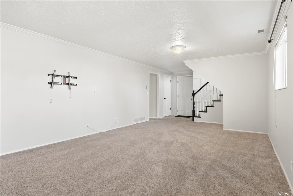 Spare room featuring light carpet and ornamental molding