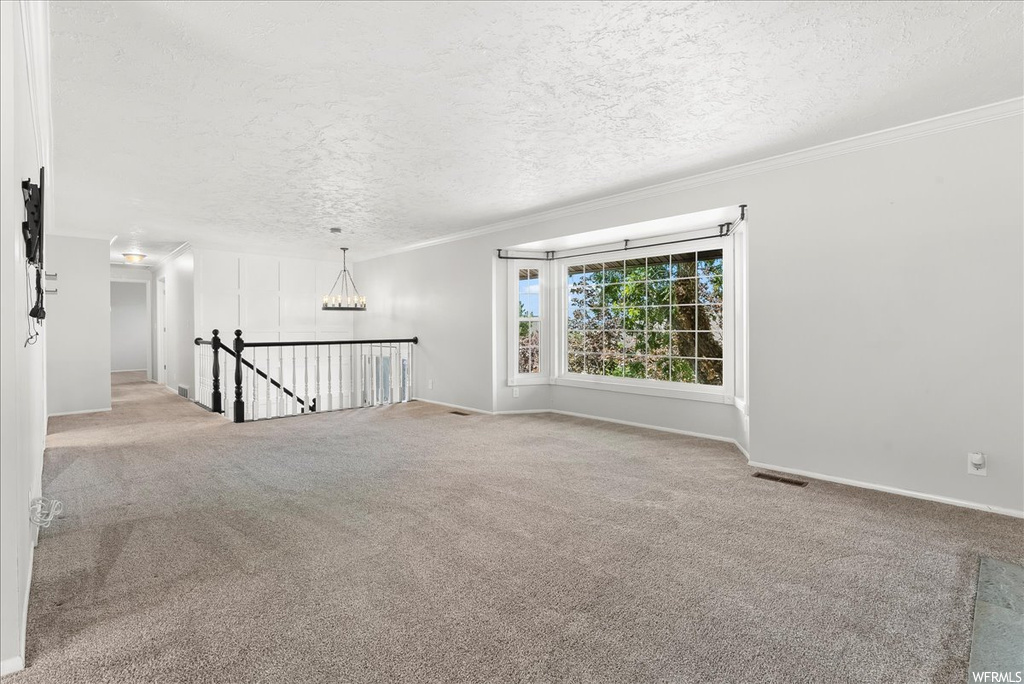 Unfurnished room featuring light carpet, ornamental molding, and a textured ceiling