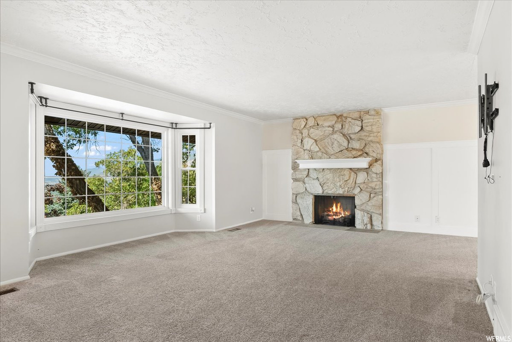 Carpeted living room featuring ornamental molding, a fireplace, and a textured ceiling