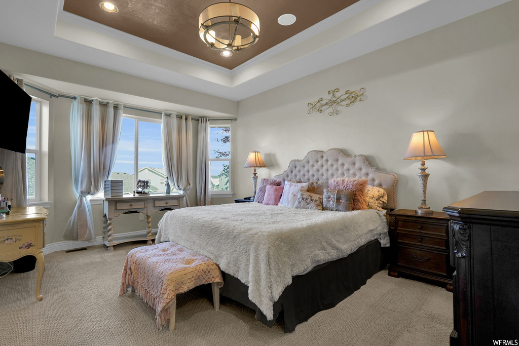 Bedroom featuring light carpet and a raised ceiling