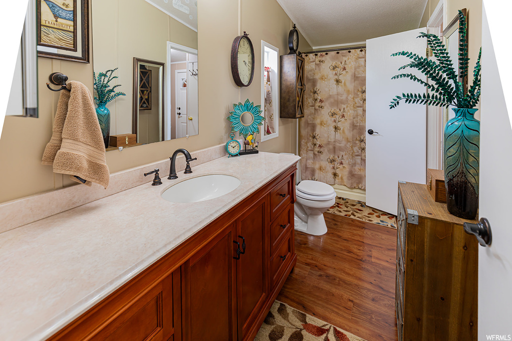 Bathroom with hardwood flooring, lofted ceiling, vanity with extensive cabinet space, and mirror