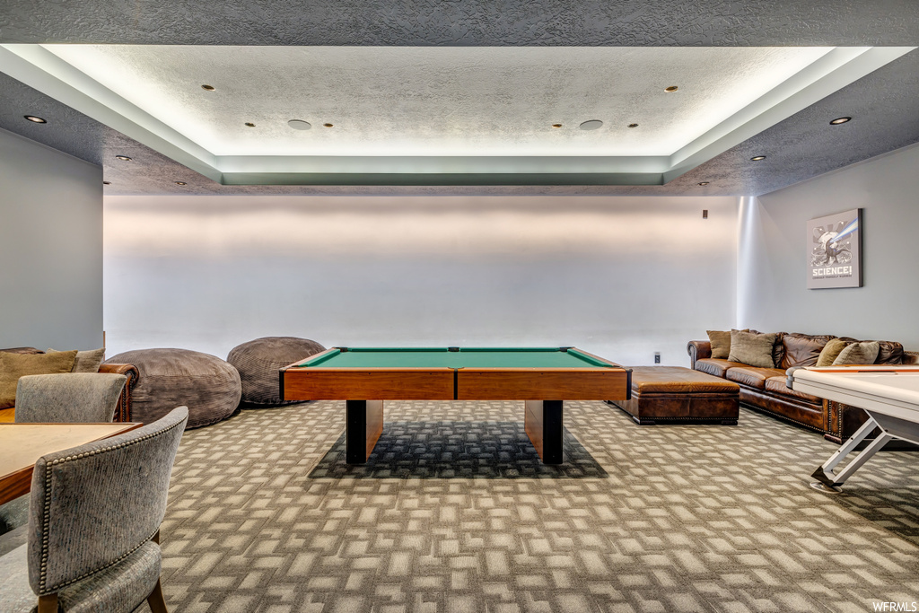 Game room with light carpet, a raised ceiling, and a textured ceiling