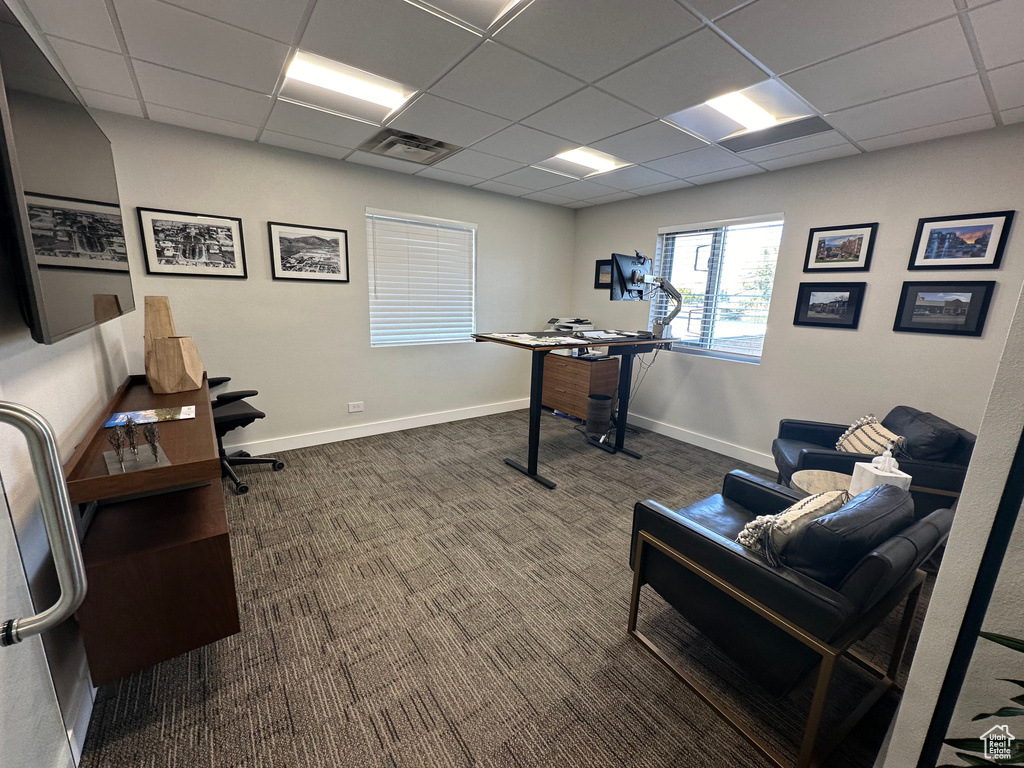 Carpeted home office featuring a drop ceiling