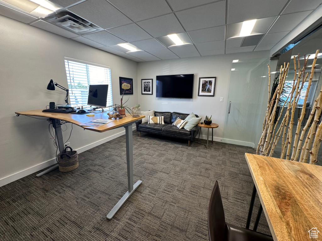 Office with dark carpet and a drop ceiling