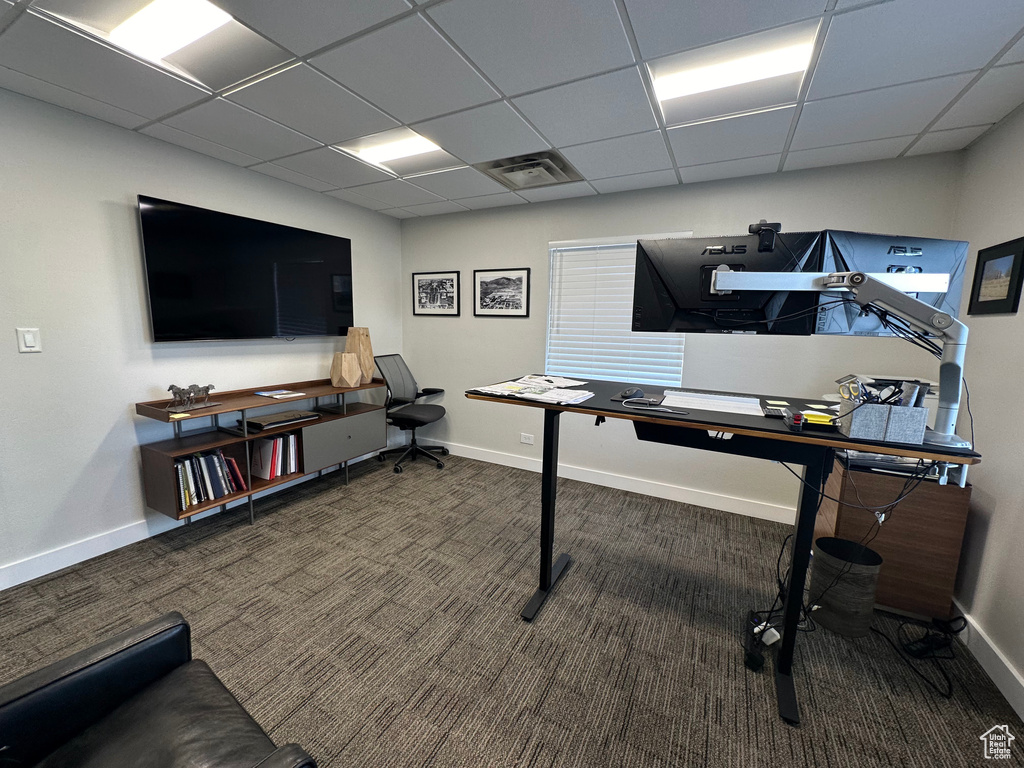 Carpeted office space featuring a paneled ceiling