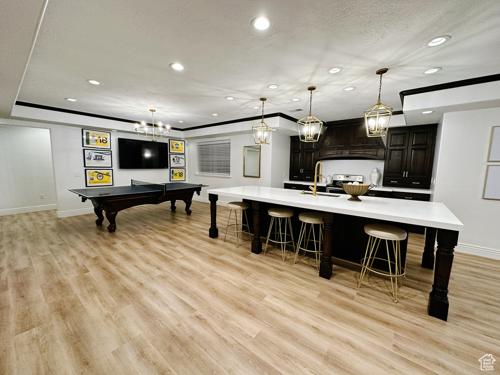 Game room featuring light hardwood / wood-style floors, sink, pool table, and a chandelier