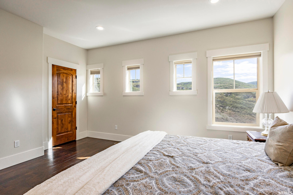 Bedroom featuring multiple windows and wood-type flooring