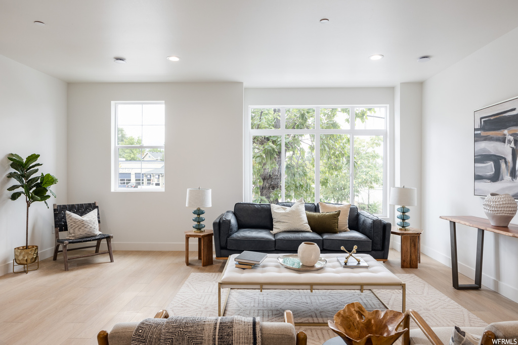 Living room with light hardwood flooring and a healthy amount of sunlight