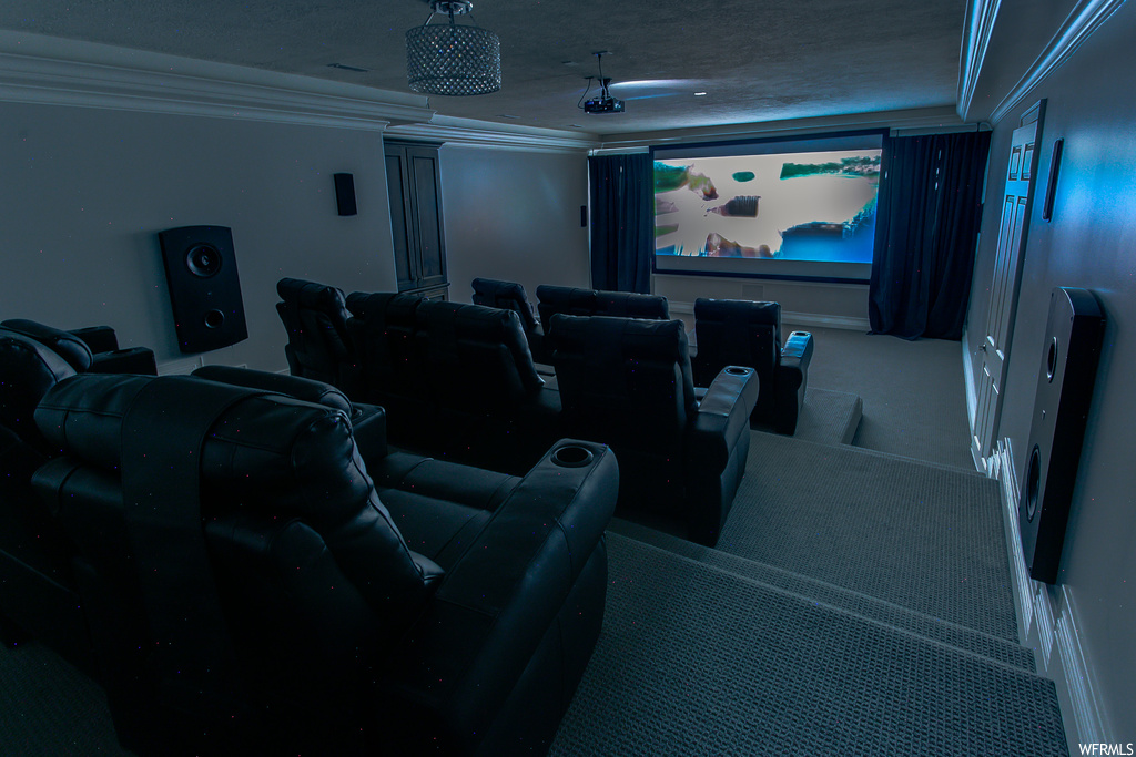 Cinema room with dark carpet, ornamental molding, and a textured ceiling