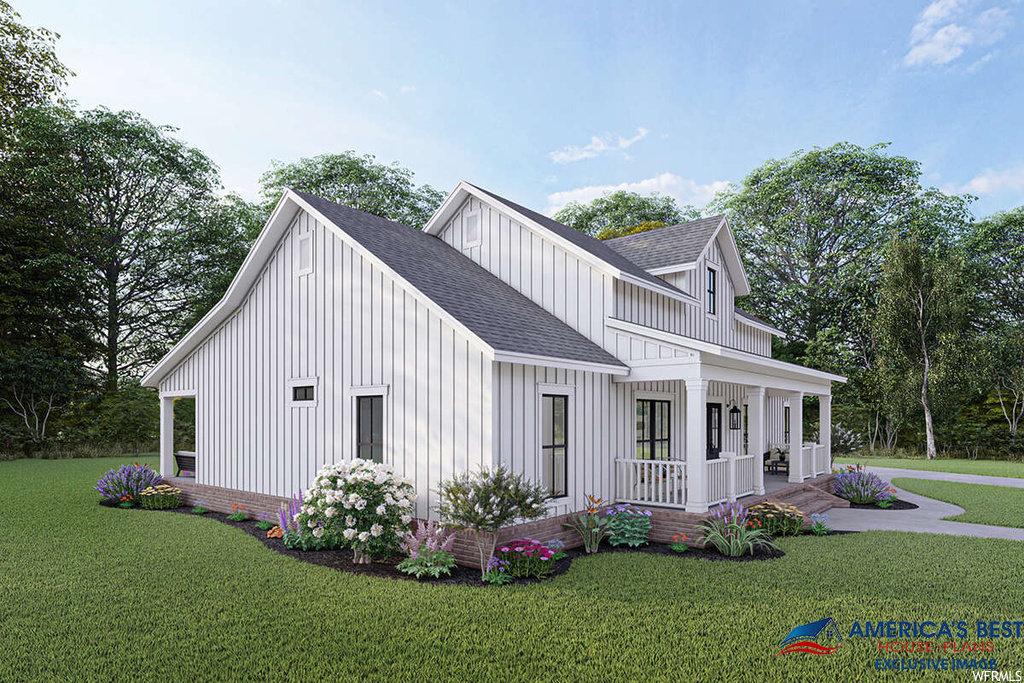 Modern farmhouse with a porch and a front yard