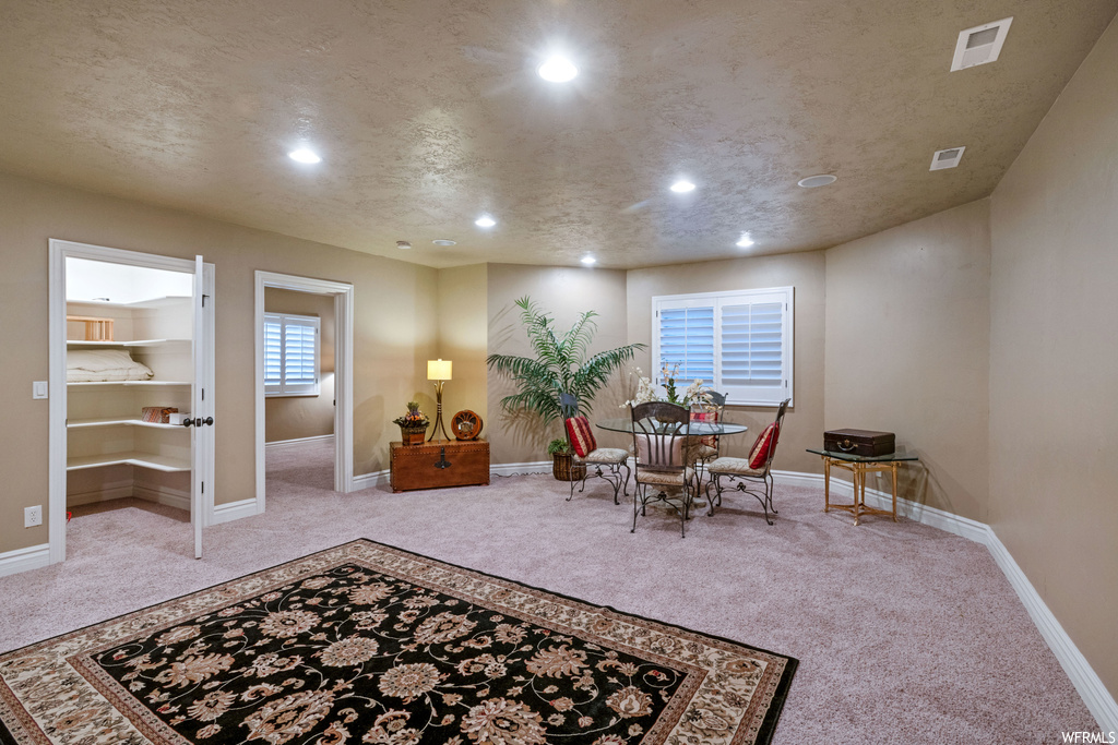 Carpeted dining room with a textured ceiling