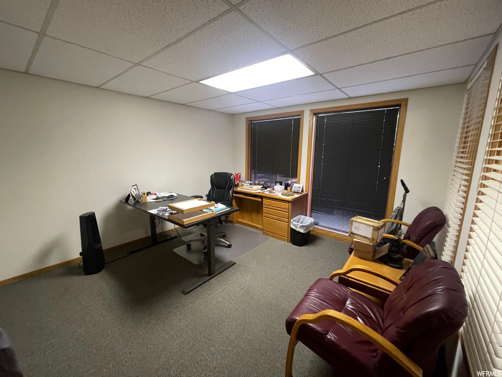Carpeted office with a drop ceiling