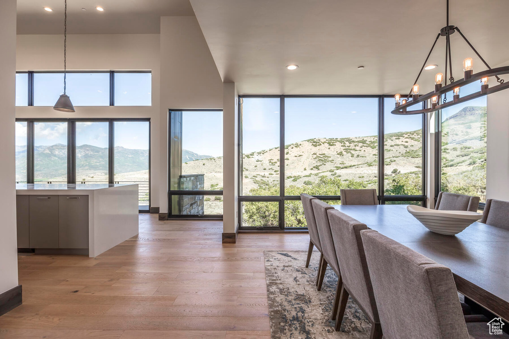 Unfurnished dining area featuring a wealth of natural light, a mountain view, and light wood-type flooring