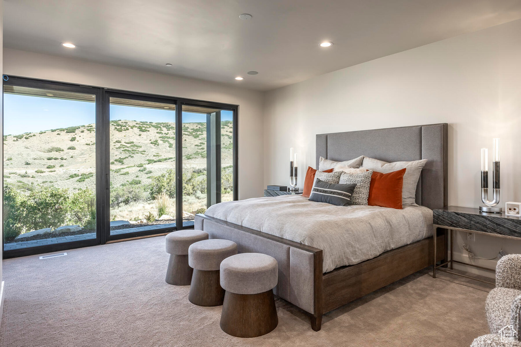 Carpeted bedroom featuring access to outside