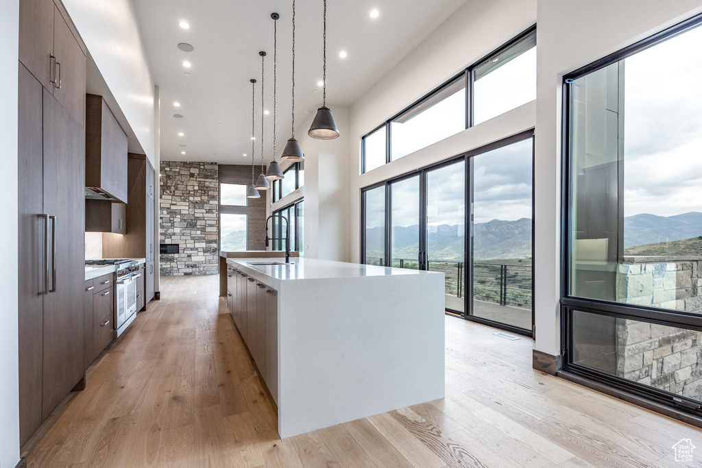 Kitchen featuring an island with sink, hanging light fixtures, a mountain view, and light hardwood / wood-style floors