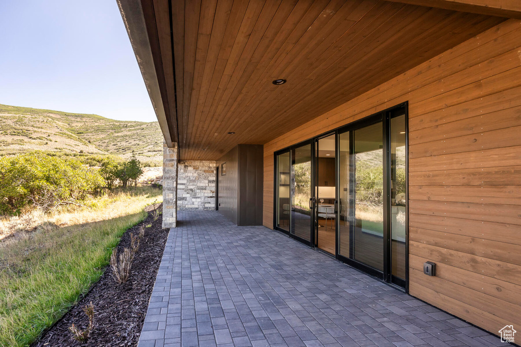 View of patio / terrace featuring a mountain view