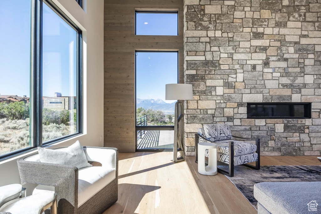 Interior space with plenty of natural light, a mountain view, a stone fireplace, and wood-type flooring