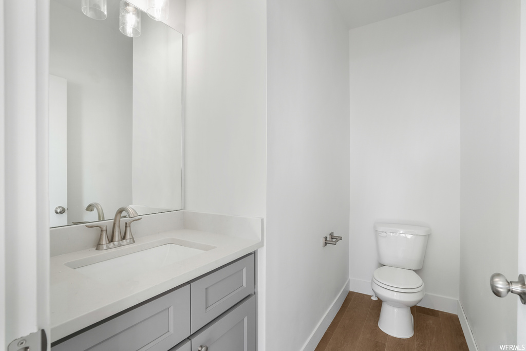 Bathroom featuring wood-type flooring, mirror, and vanity
