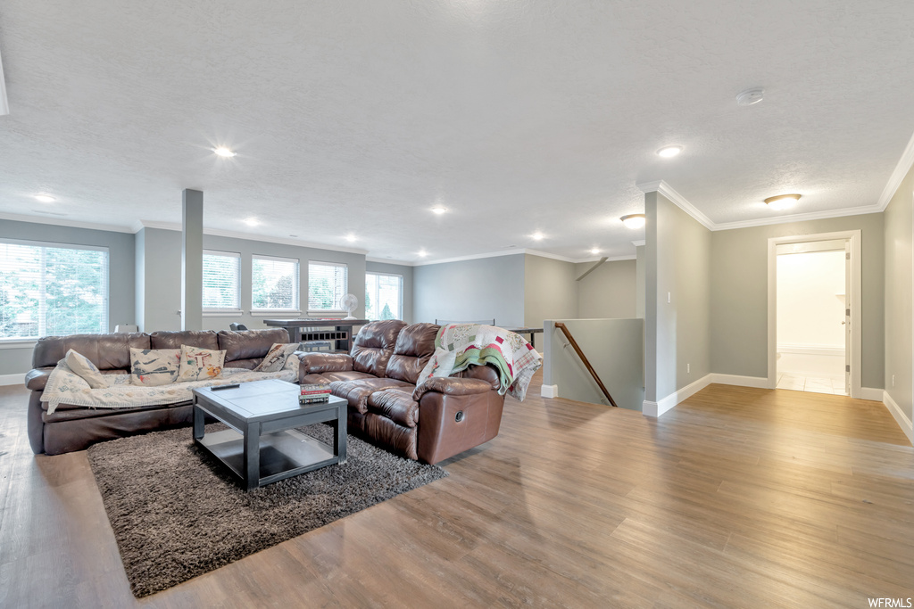Hardwood floored living room with ornamental molding and a textured ceiling