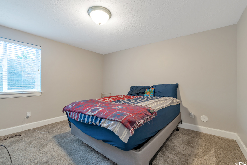 Bedroom with light carpet